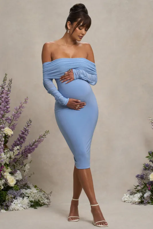 Patiently Waiting | Powder Blue Maternity Ruched Mesh Bardot Midi Dress sold by Club L London