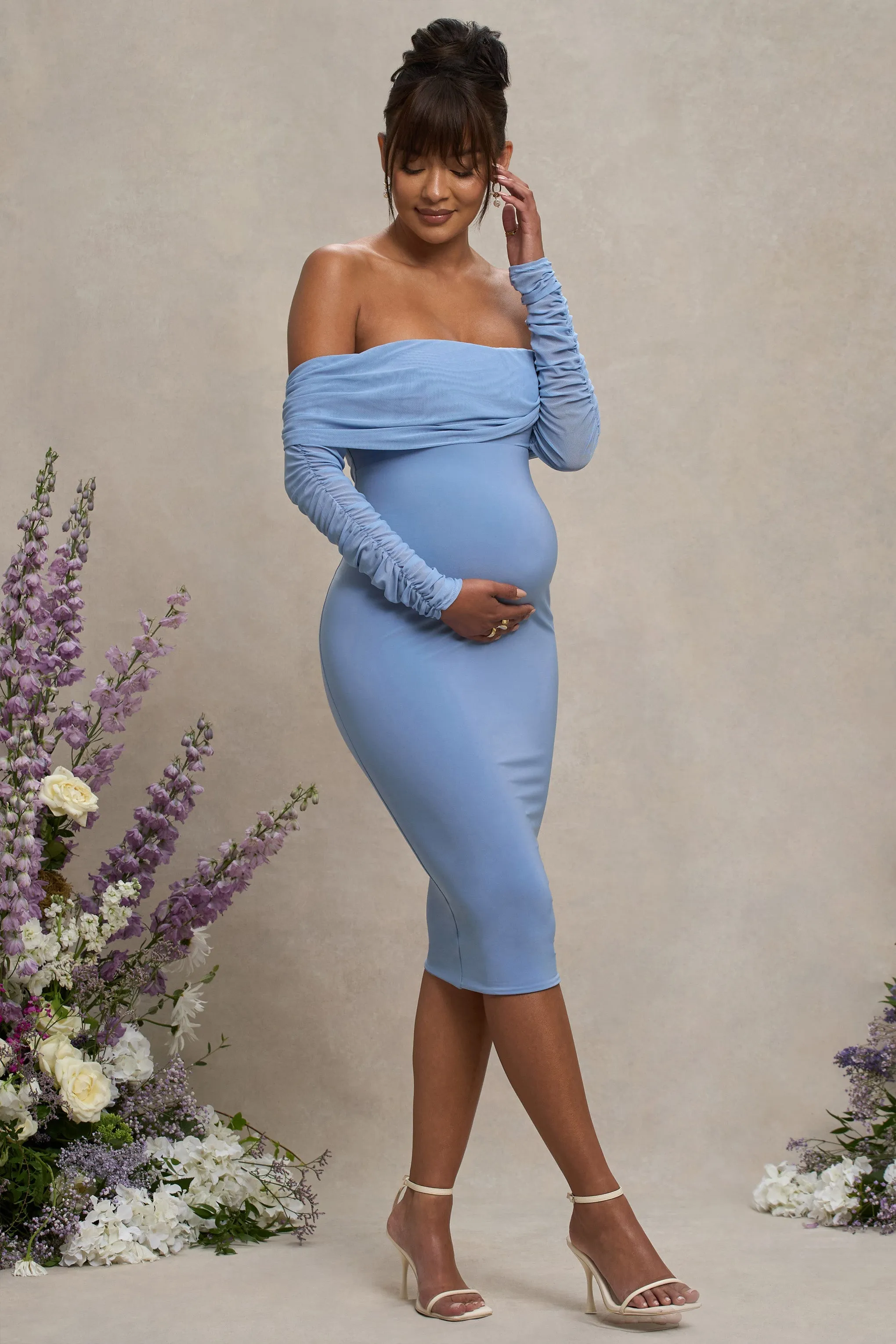 Patiently Waiting | Powder Blue Maternity Ruched Mesh Bardot Midi Dress sold by Club L London product image thumbnail 4