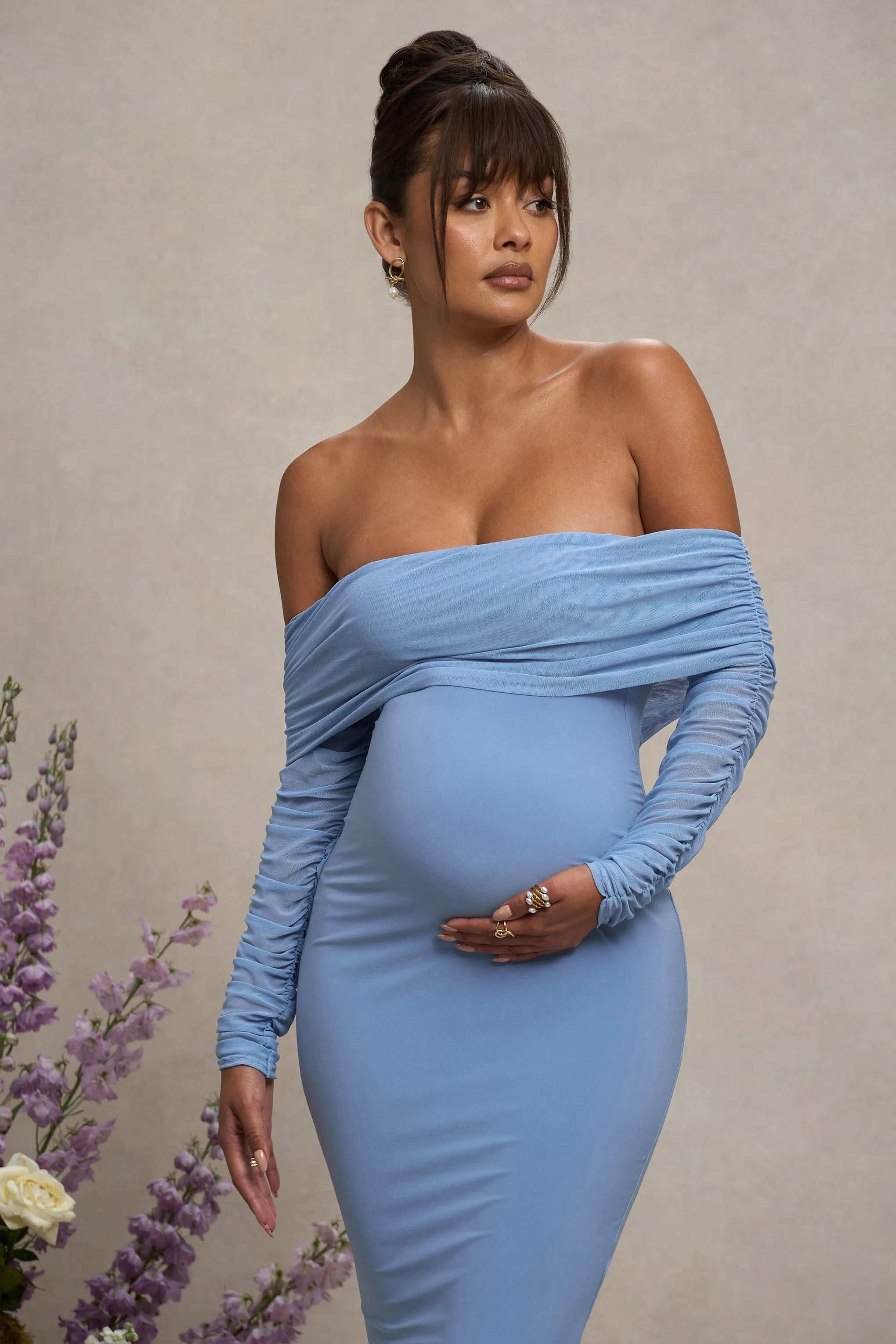 Patiently Waiting | Powder Blue Maternity Ruched Mesh Bardot Midi Dress sold by Club L London product image thumbnail 3