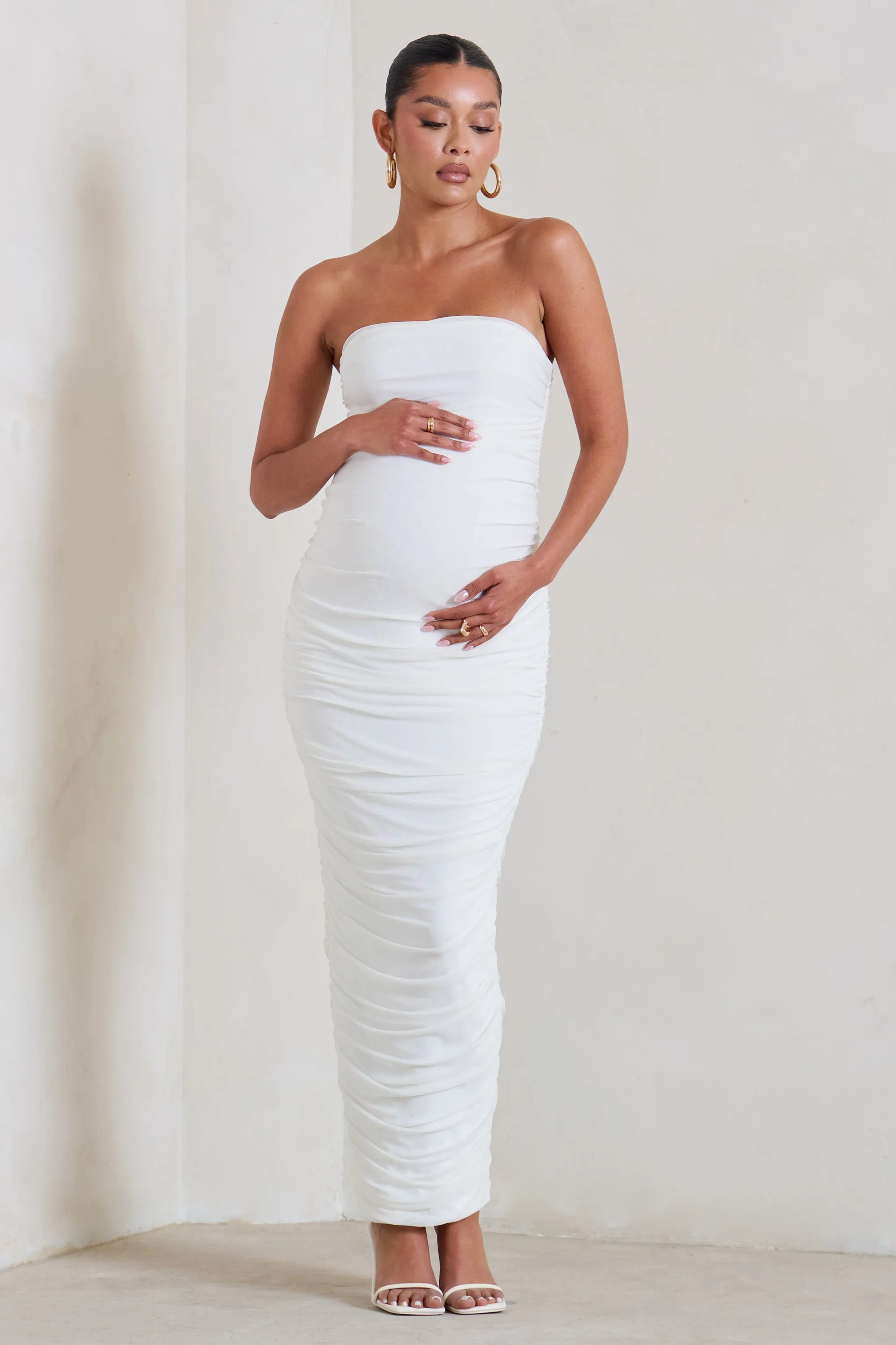 My Lady | Maternity White Strapless Bodycon Ruched Mesh Maxi Dress sold by Club L London
