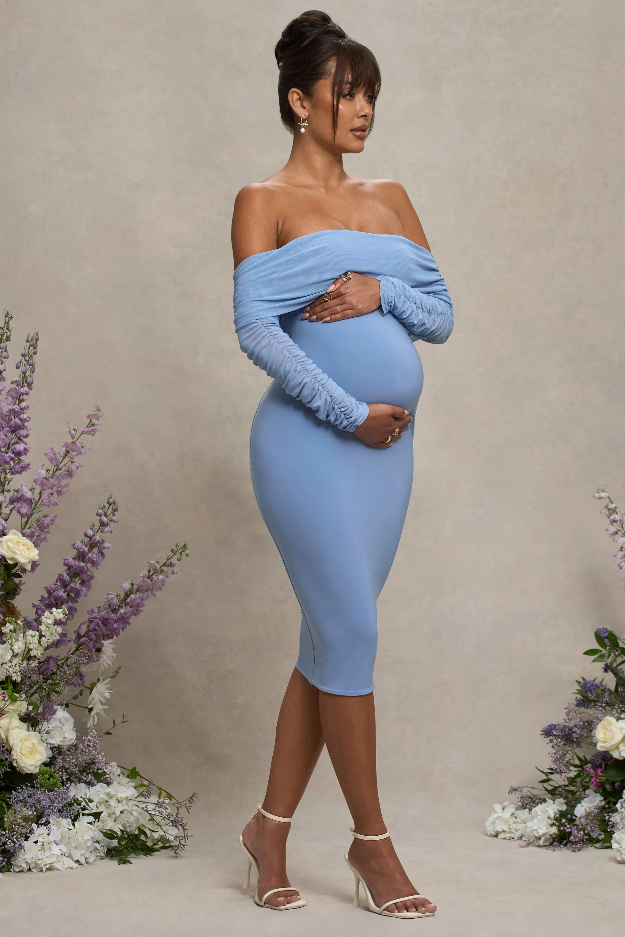 Patiently Waiting | Powder Blue Maternity Ruched Mesh Bardot Midi Dress sold by Club L London product image thumbnail 5