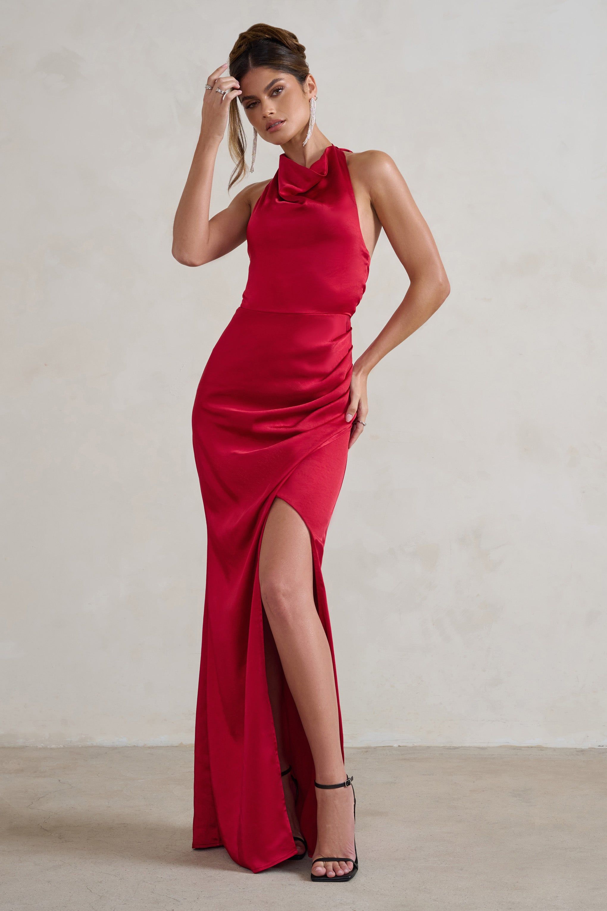 Forever Feature | Berry Red High Neck Wrap Maxi Dress sold by Club L London