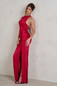 Forever Feature | Berry Red High Neck Wrap Maxi Dress sold by Club L London