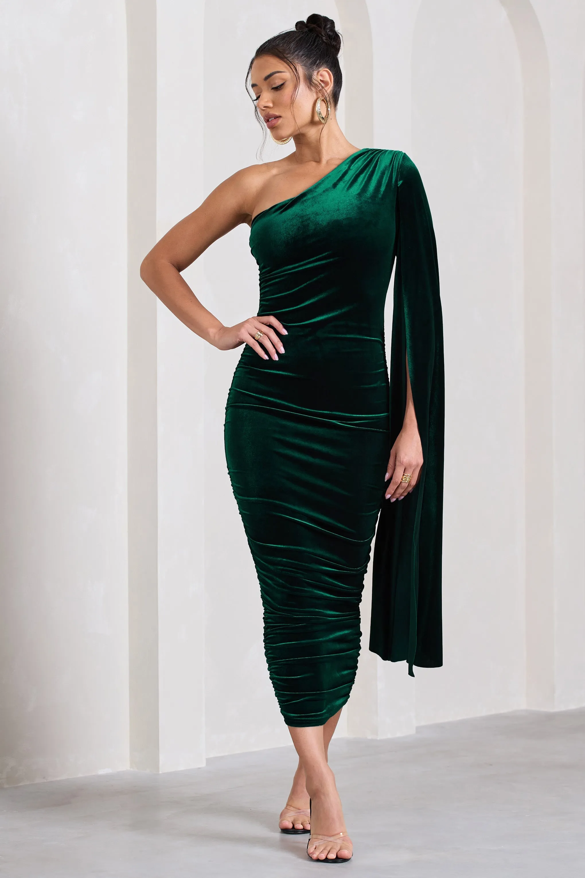 Gianna | Bottle Green Velvet One Shoulder Cape Bodycon Midi Dress sold by Club L London product image thumbnail 5