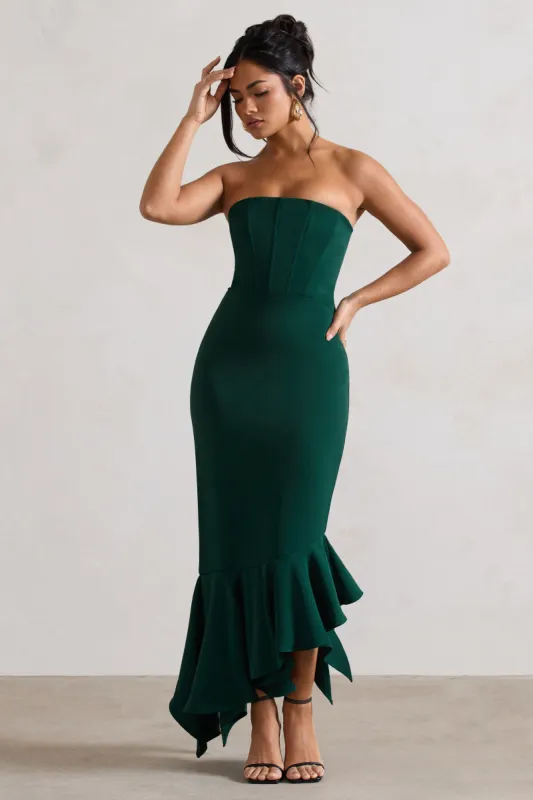 Sandy | Bottle Green Strapless Corset Asymmetric Maxi Dress sold by Club L London