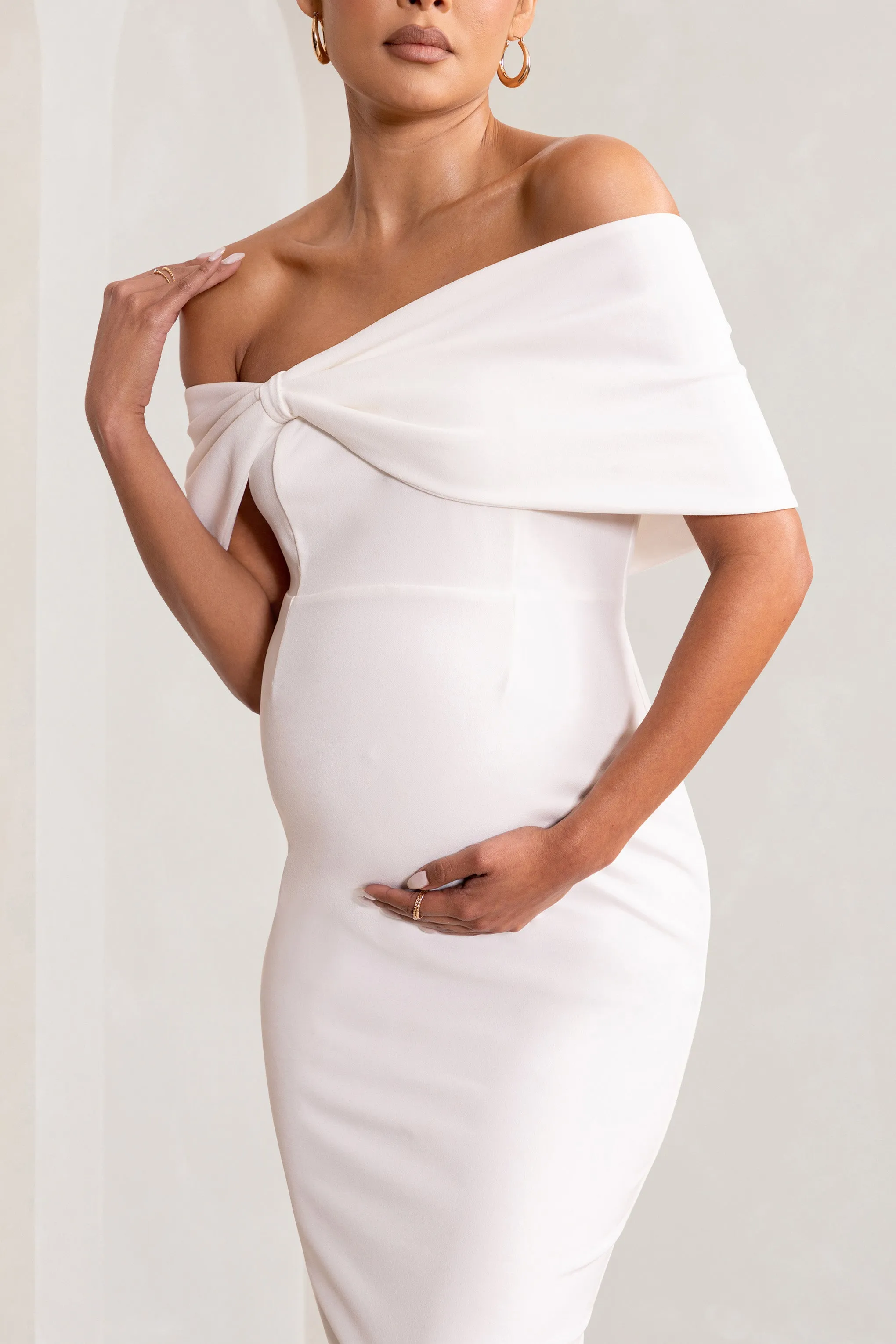 Alyssa | White Bardot Bow Maternity Midi Dress with Ruching sold by Club L London product image thumbnail 3