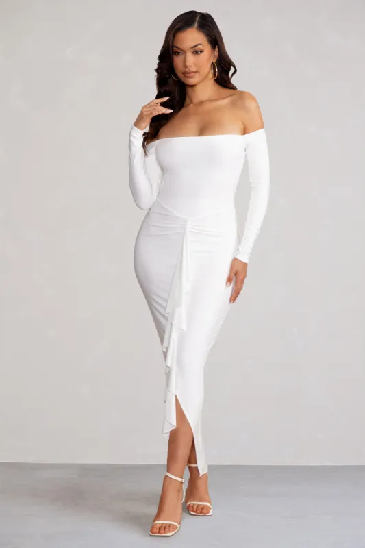 Leanora | White Long Sleeve Bardot Midi Dress with Front Ruffle sold by Club L London
