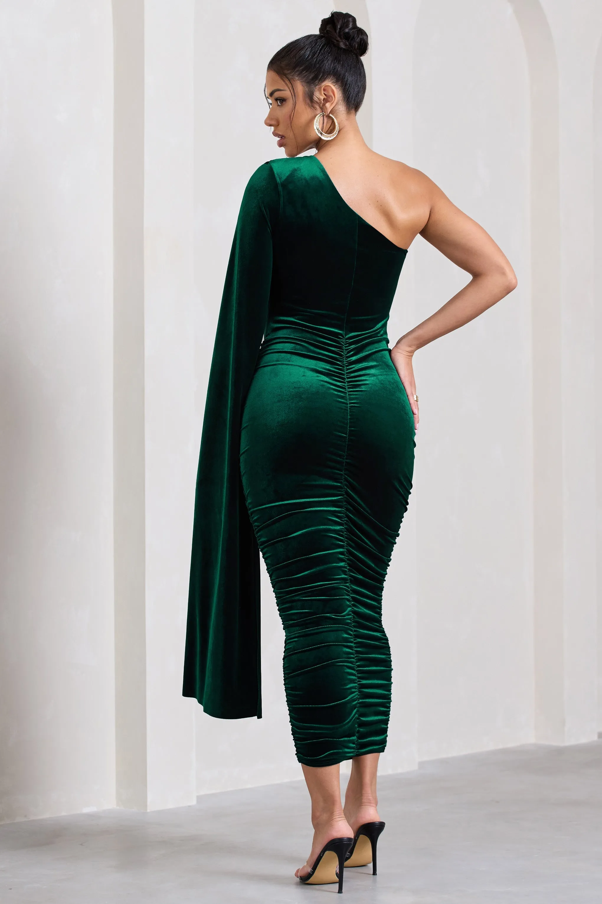 Gianna | Bottle Green Velvet One Shoulder Cape Bodycon Midi Dress sold by Club L London product image thumbnail 3