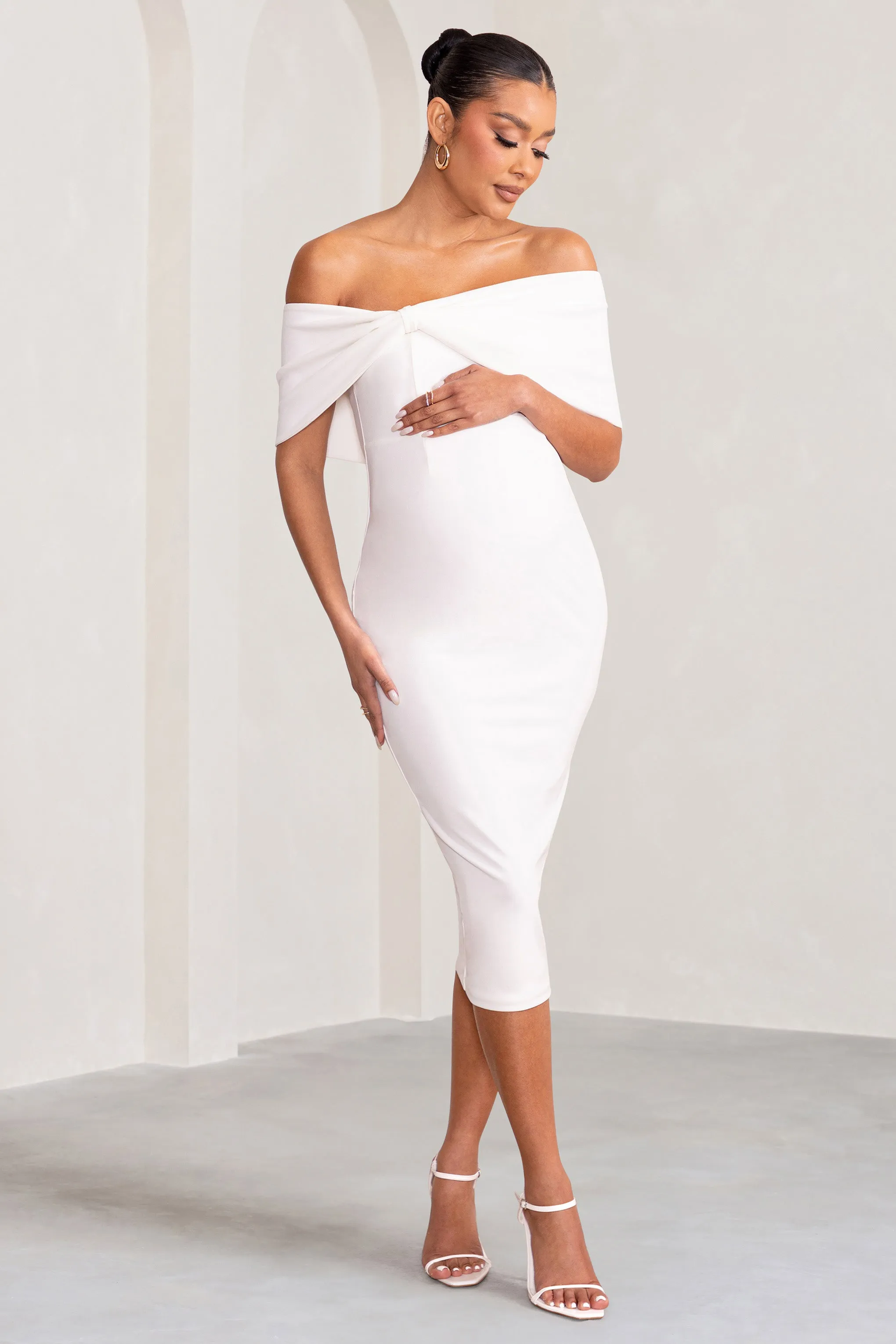 Alyssa | White Bardot Bow Maternity Midi Dress with Ruching sold by Club L London product image thumbnail 4