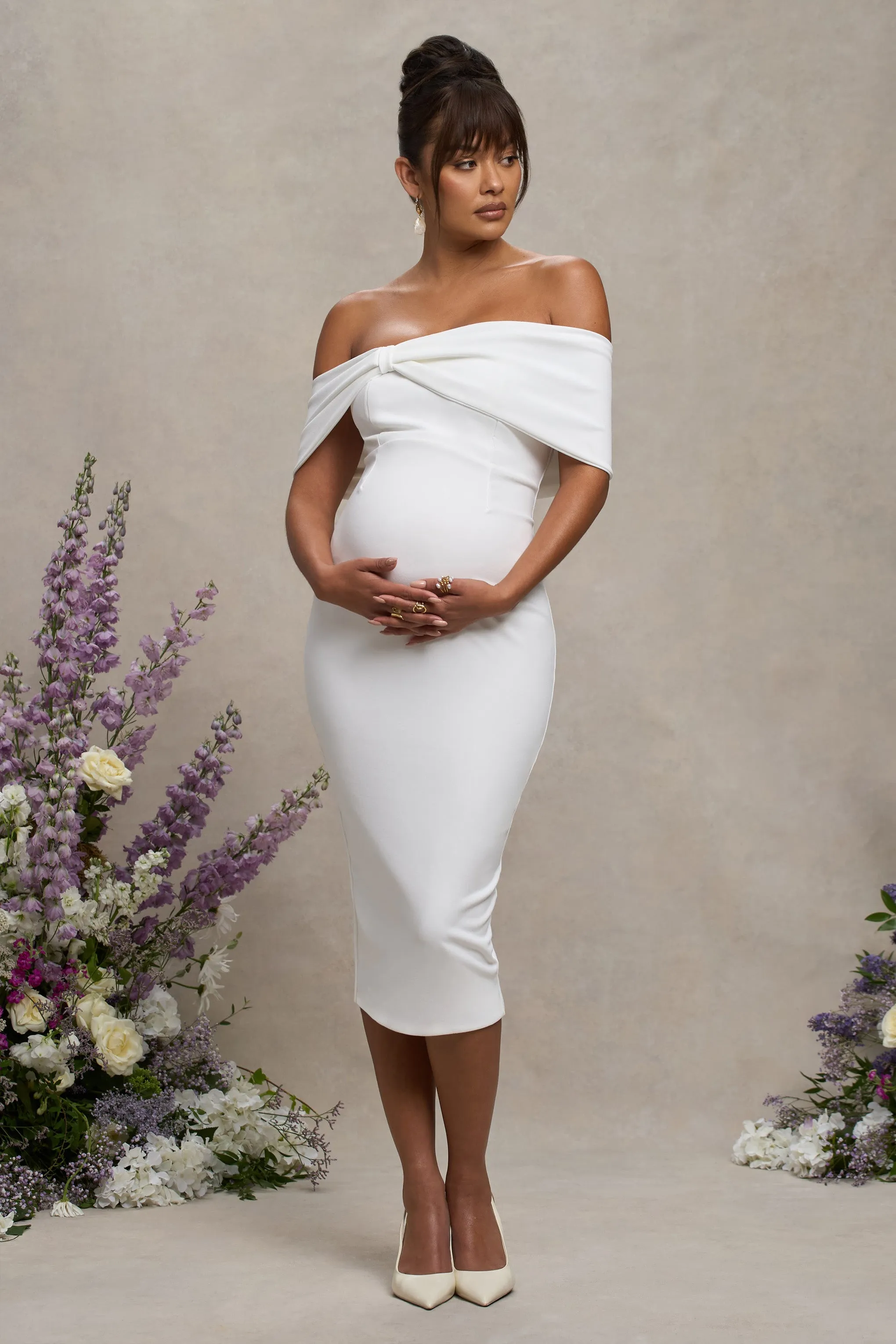 Alyssa | White Bardot Bow Maternity Midi Dress with Ruching sold by Club L London product image thumbnail 5