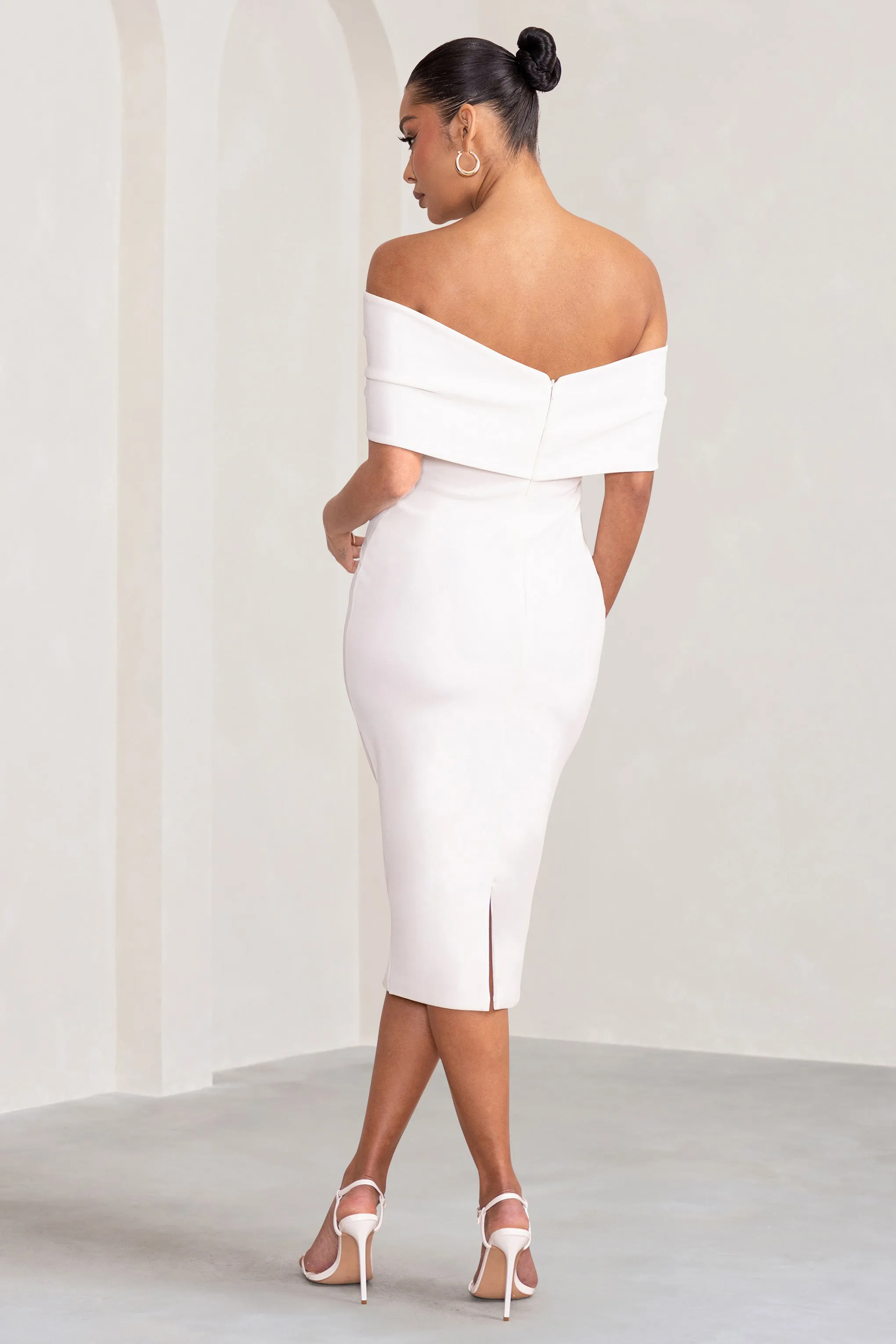 Alyssa | White Bardot Bow Maternity Midi Dress with Ruching sold by Club L London product image thumbnail 2
