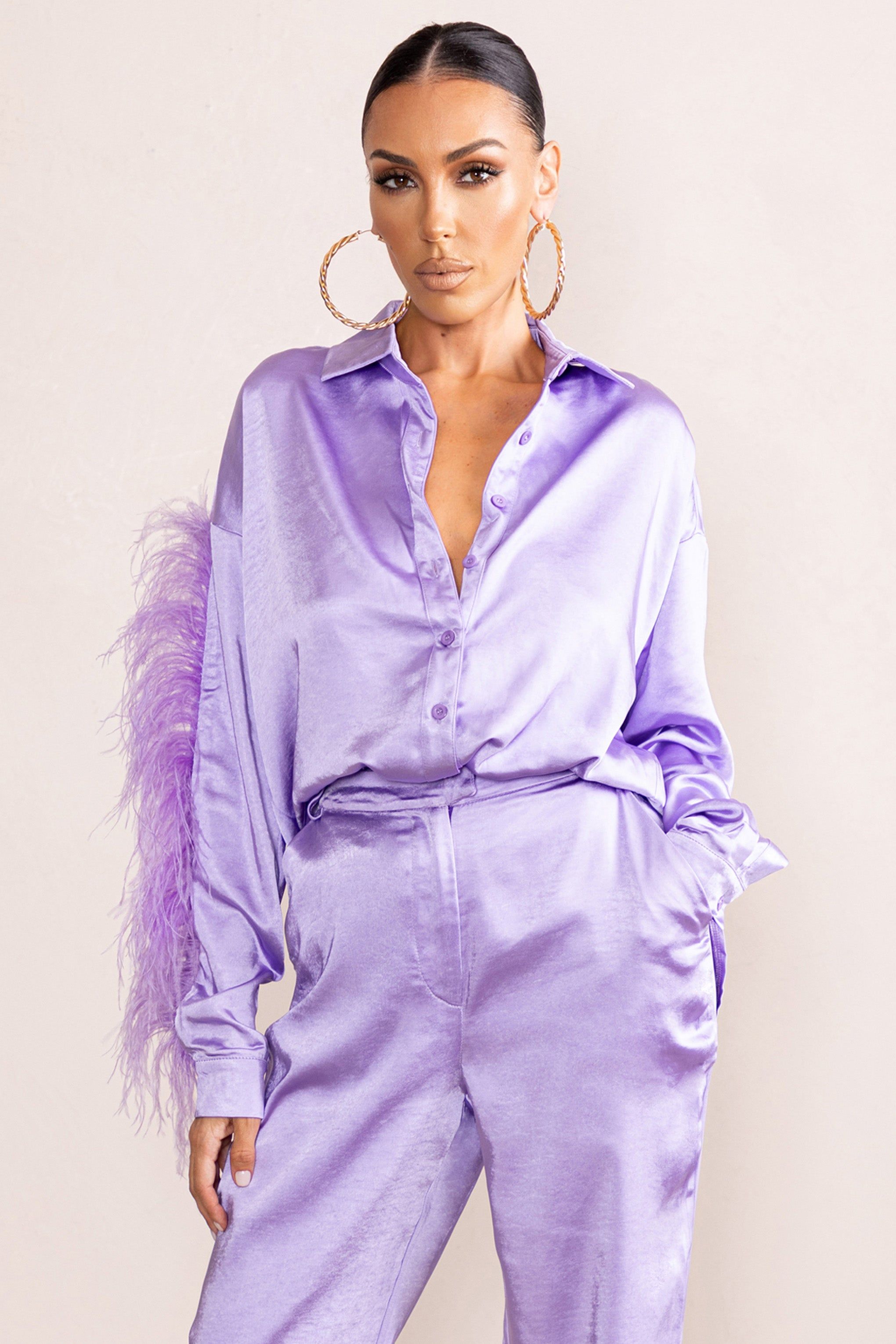 Catch My Eye | Lilac Feather Sleeve Satin Shirt sold by Club L London product image thumbnail 4