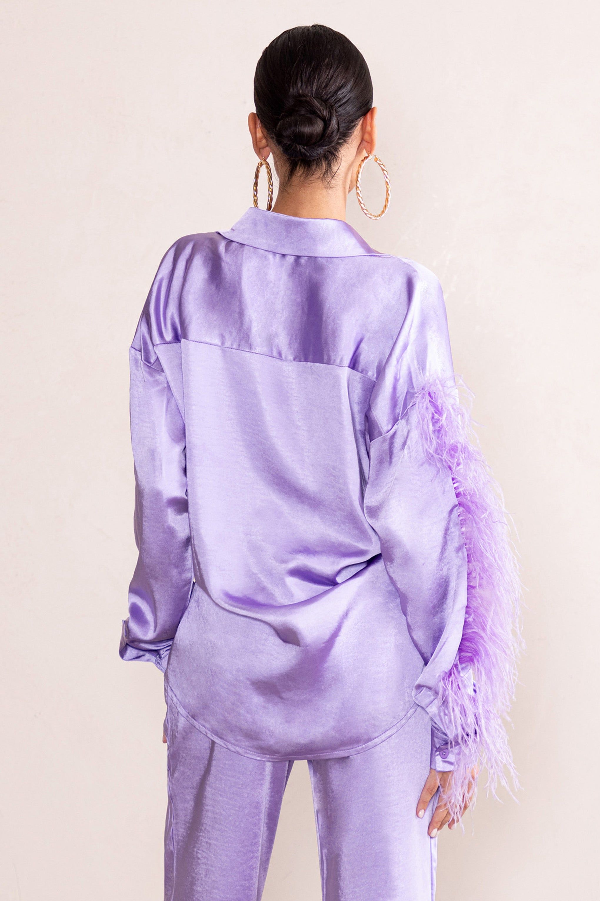 Catch My Eye | Lilac Feather Sleeve Satin Shirt sold by Club L London product image thumbnail 2