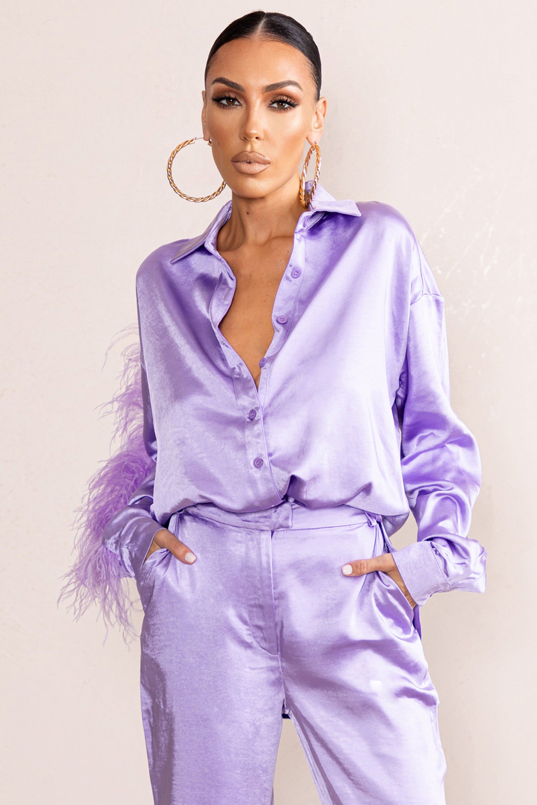 Catch My Eye | Lilac Feather Sleeve Satin Shirt sold by Club L London product image thumbnail 5