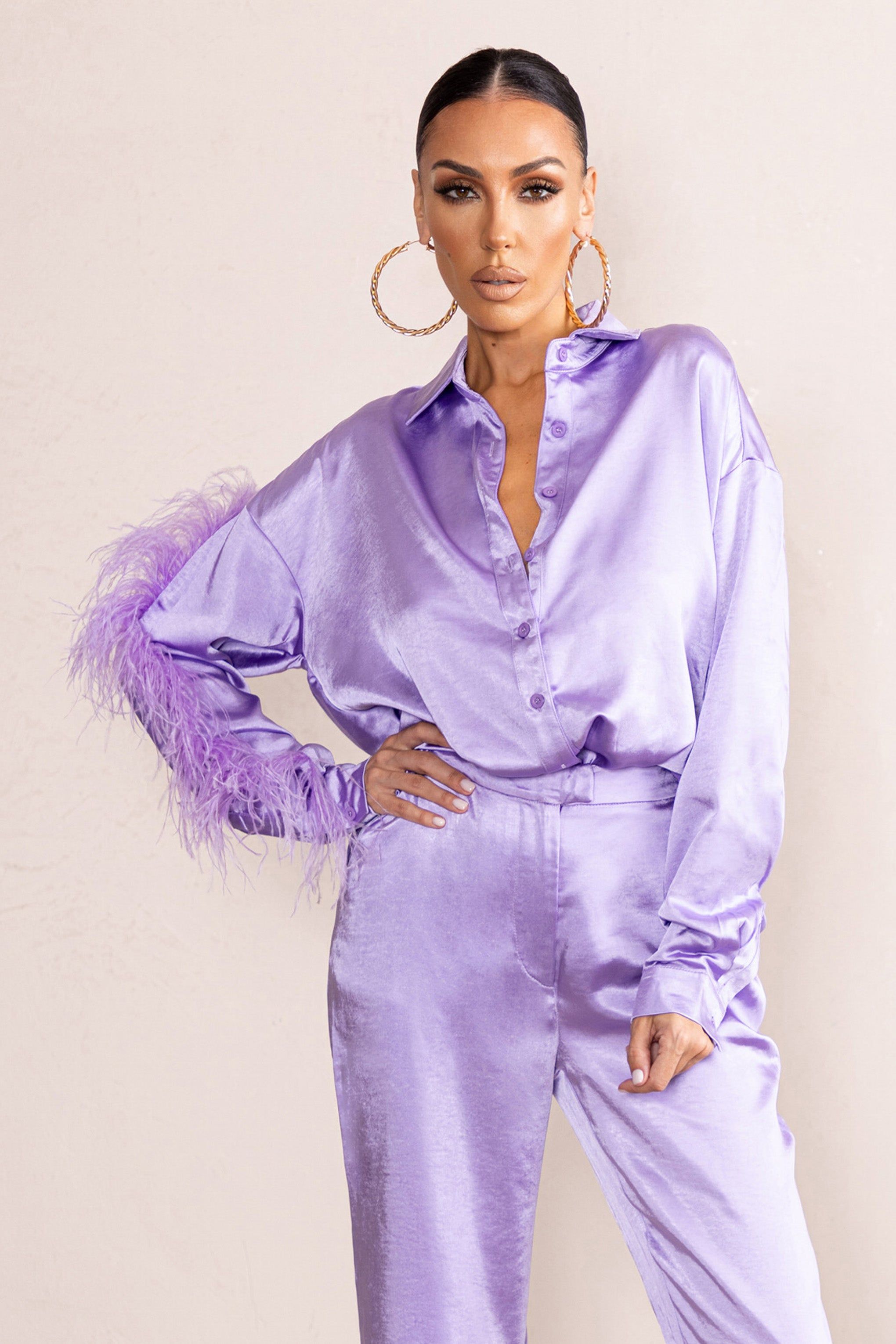 Catch My Eye | Lilac Feather Sleeve Satin Shirt sold by Club L London