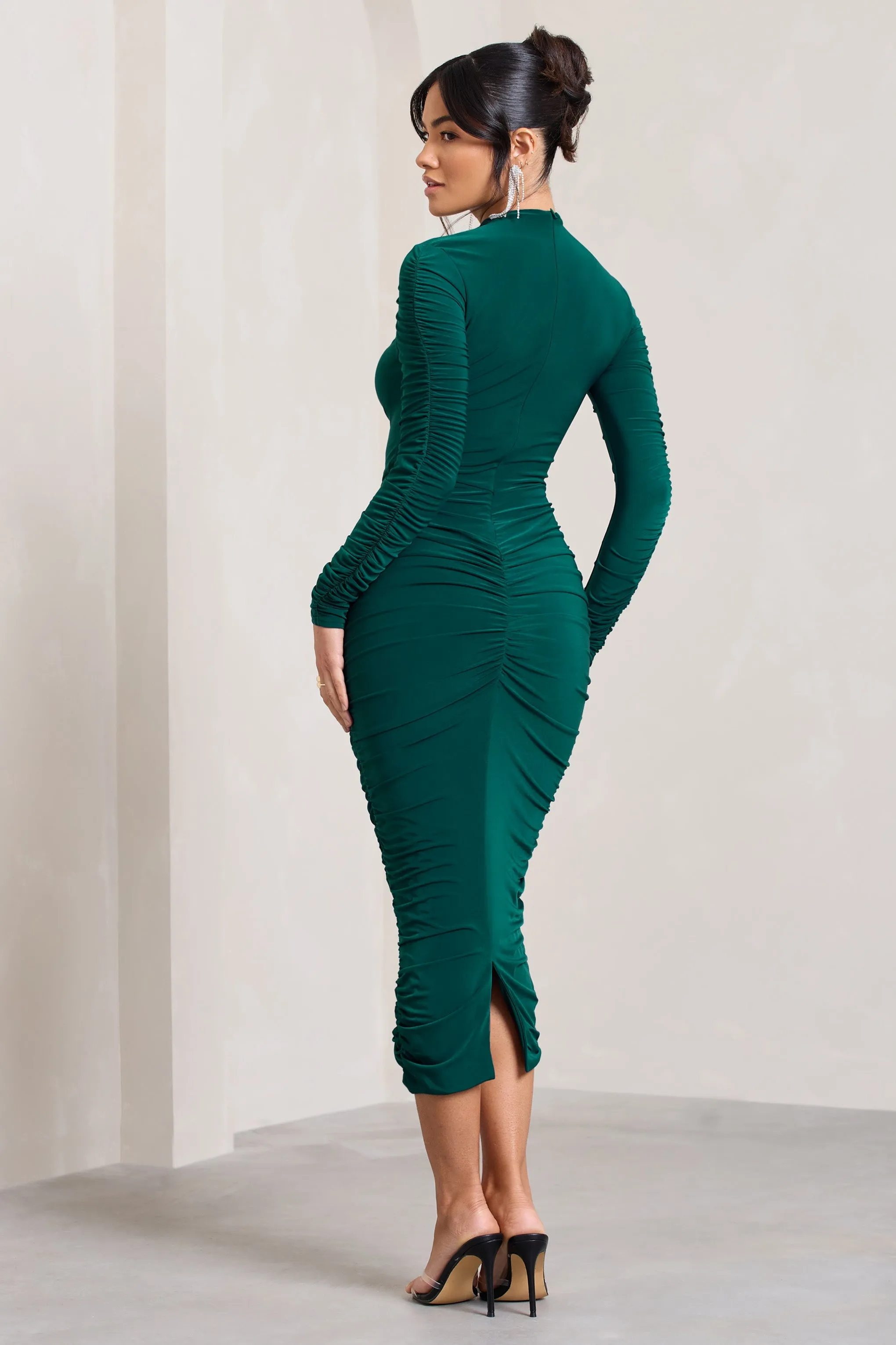 Eveline | Bottle Green Ruched High-Neck Long-Sleeved Bodycon Midi Dress sold by Club L London product image thumbnail 2