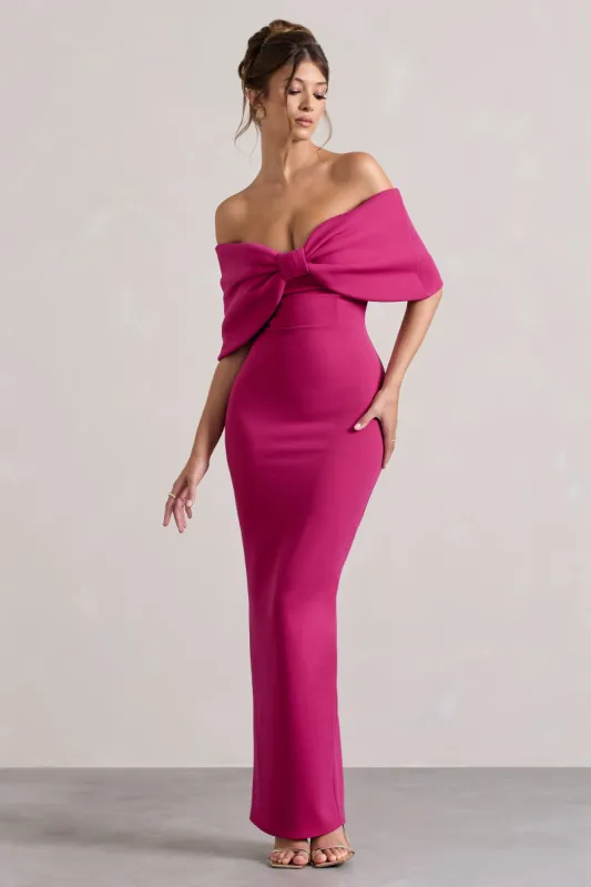 Cornelia | Hot Pink Strapless Maxi Dress With Oversized Bow sold by Club L London