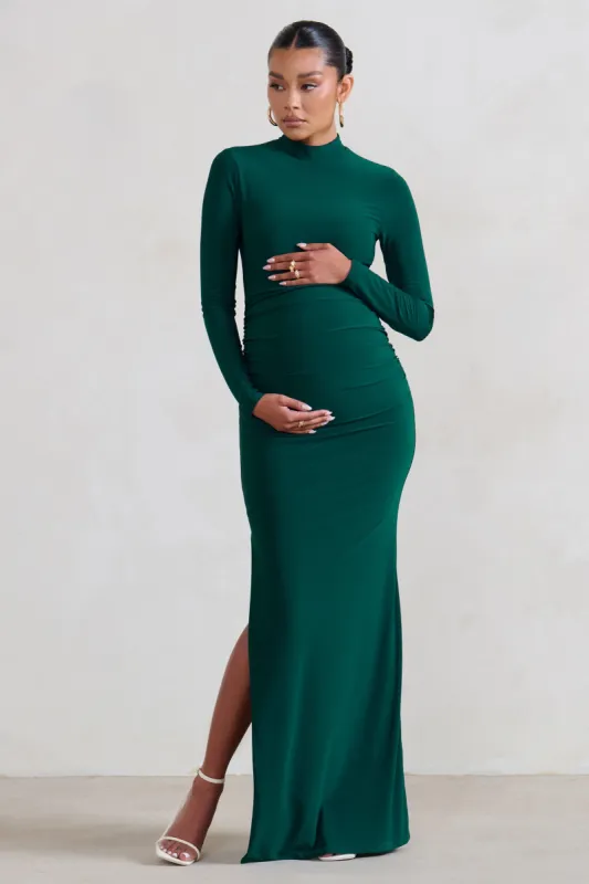 Alejandra | Green Maternity Long Sleeve High Neck Maxi Dress sold by Club L London