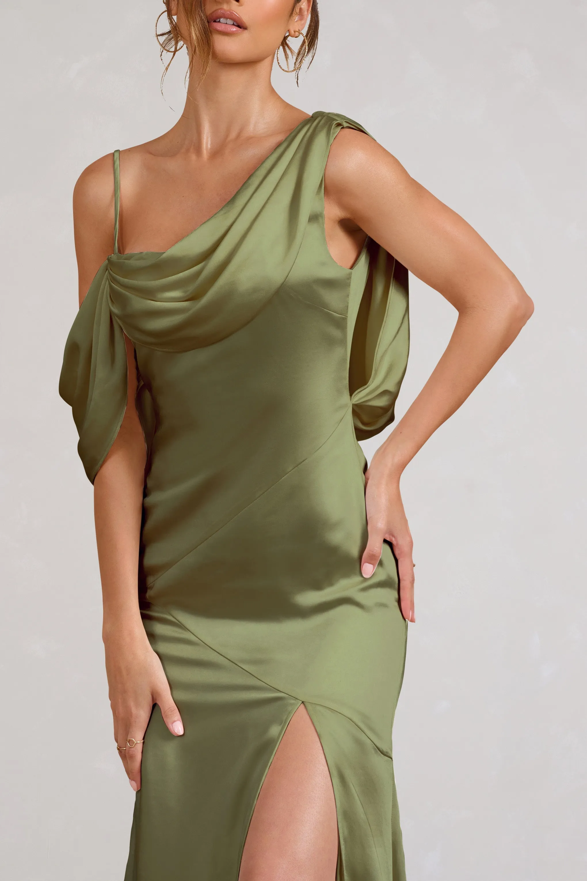 Jayne | Olive Satin Asymmetric Draped Split Maxi Dress sold by Club L London product image thumbnail 3