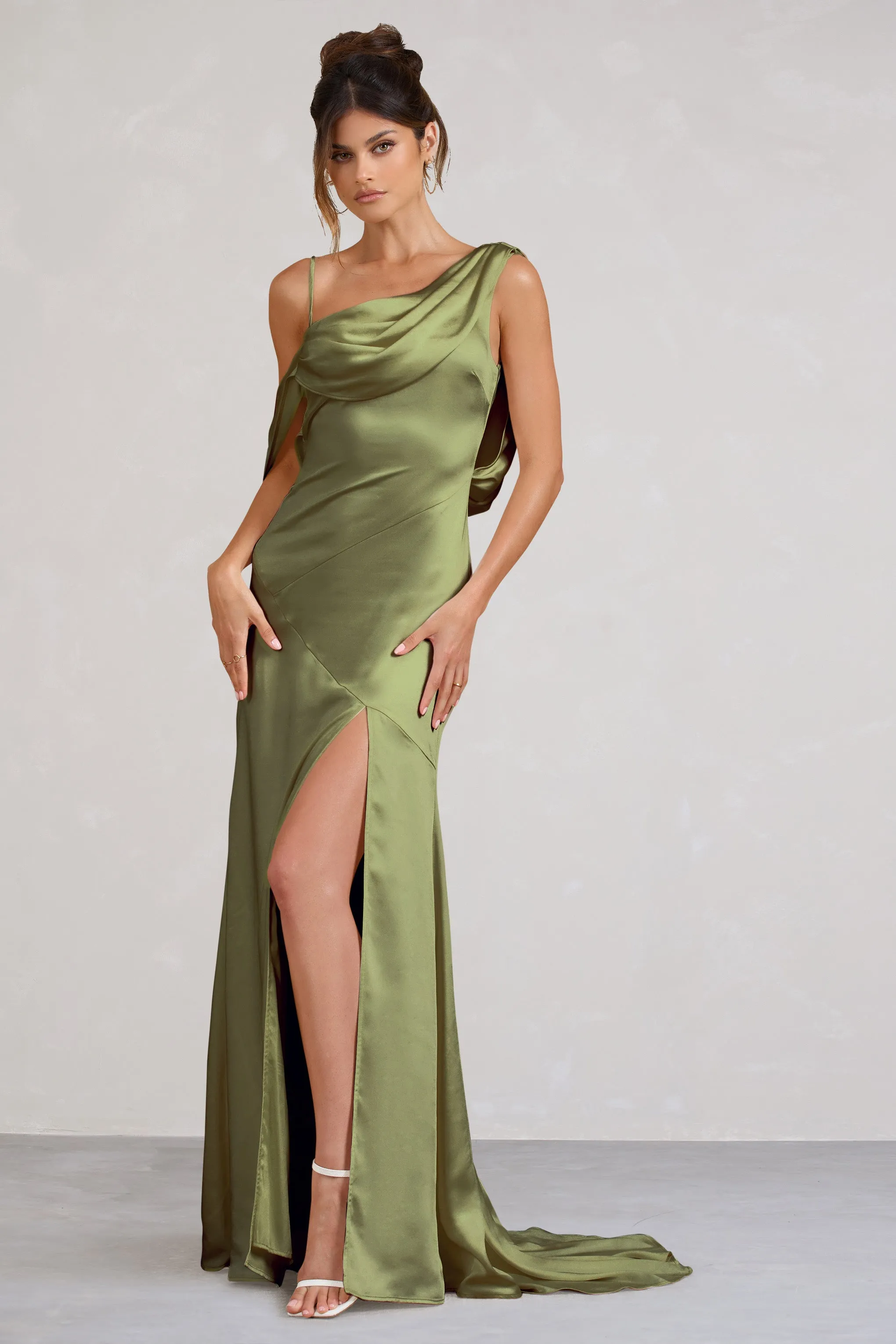 Jayne | Olive Satin Asymmetric Draped Split Maxi Dress sold by Club L London
