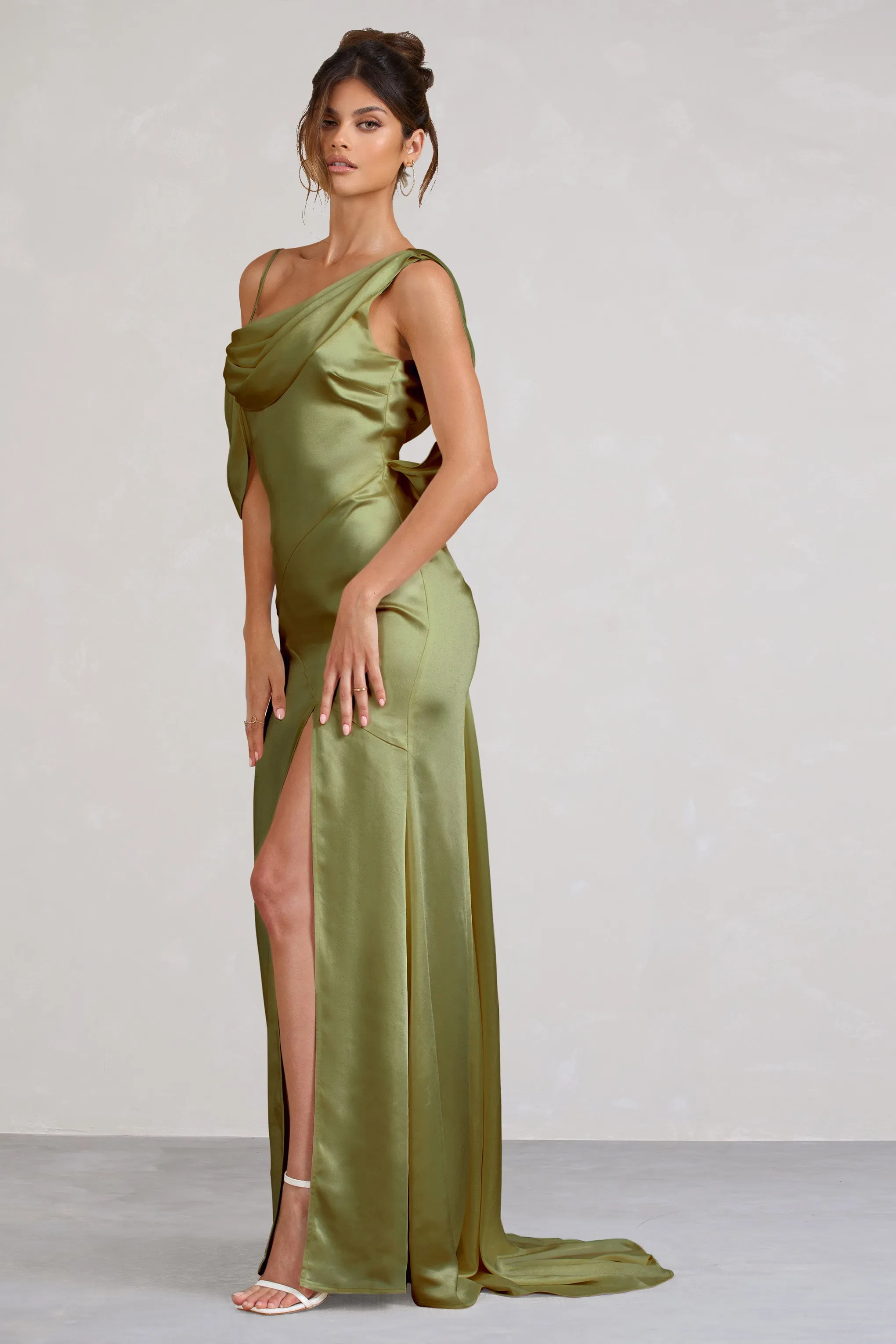 Jayne | Olive Satin Asymmetric Draped Split Maxi Dress sold by Club L London product image thumbnail 4