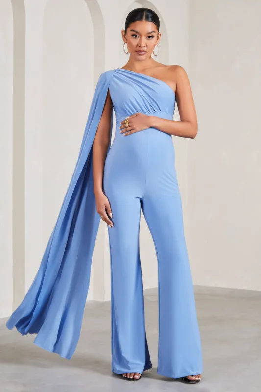 Sing To Sleep | Powder Blue Maternity One Shoulder Cape Jumpsuit sold by Club L London