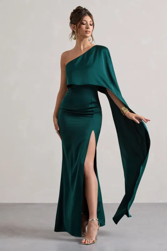Amora | Bottle Green Satin Asymmetric Cape-Sleeve Split Maxi Dress made by Club L London