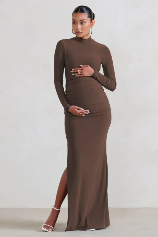 Alejandra | Brown Maternity Long Sleeve High Neck Maxi Dress sold by Club L London