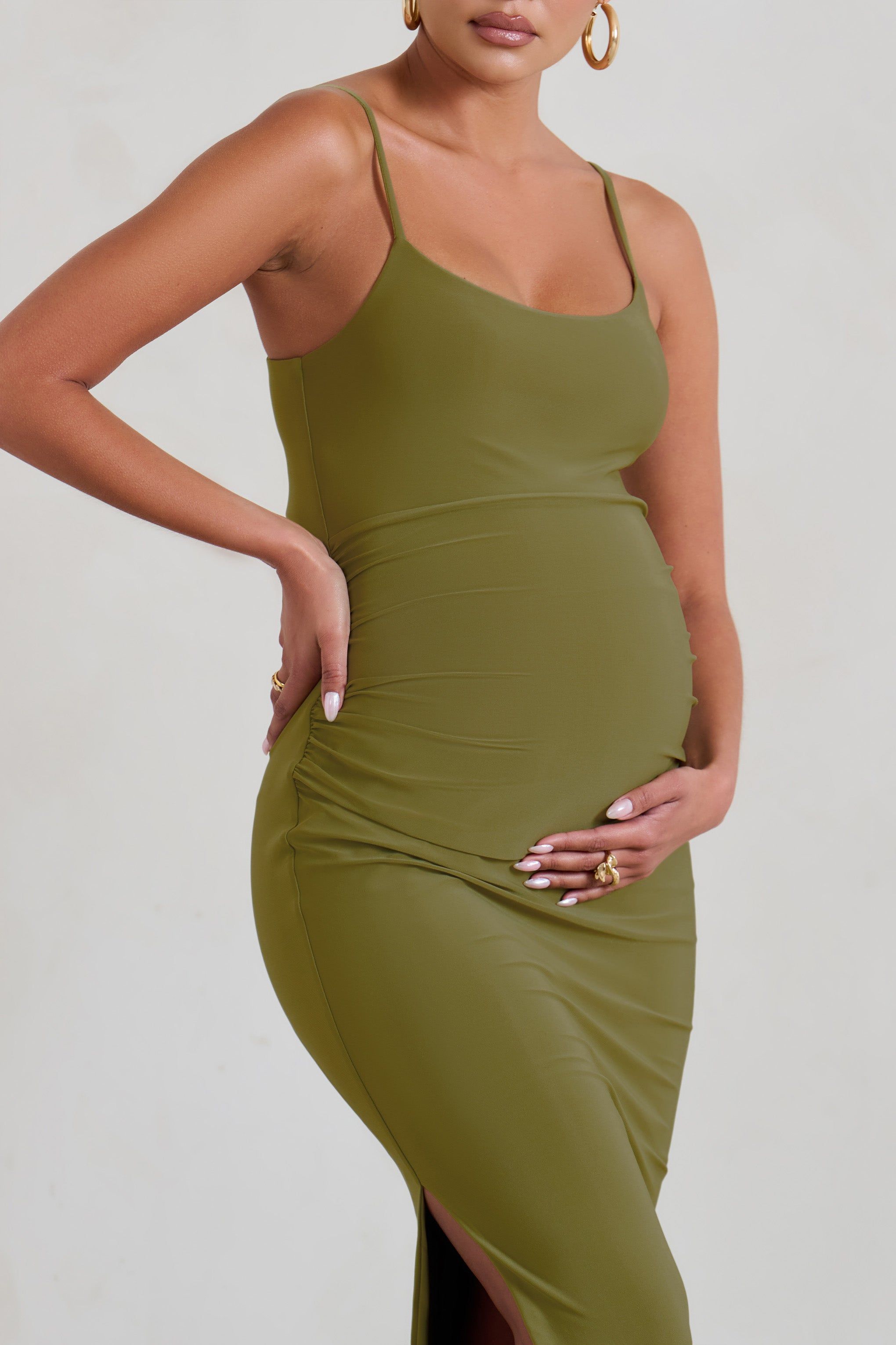 Aurelia | Olive Green Maternity Cami Maxi Dress With Split sold by Club L London product image thumbnail 4
