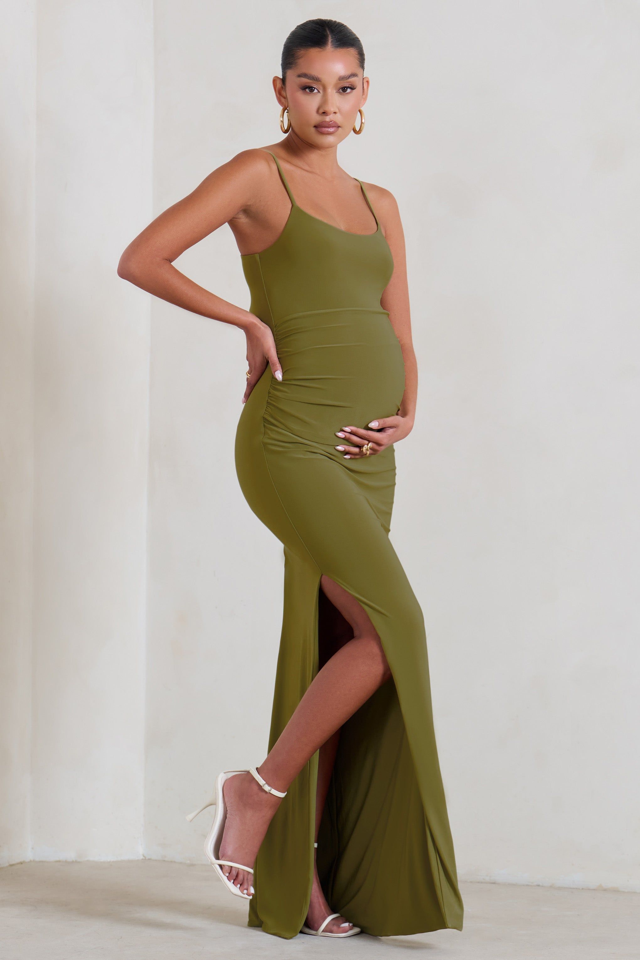 Aurelia | Olive Green Maternity Cami Maxi Dress With Split sold by Club L London product image thumbnail 2