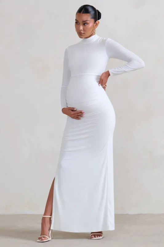 Alejandra | White Maternity Long Sleeve High Neck Maxi Dress sold by Club L London