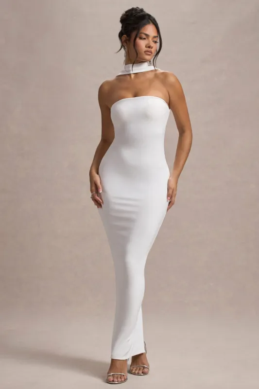 Nobu | White Bandeau Maxi Dress With Halter-Collar sold by Club L London