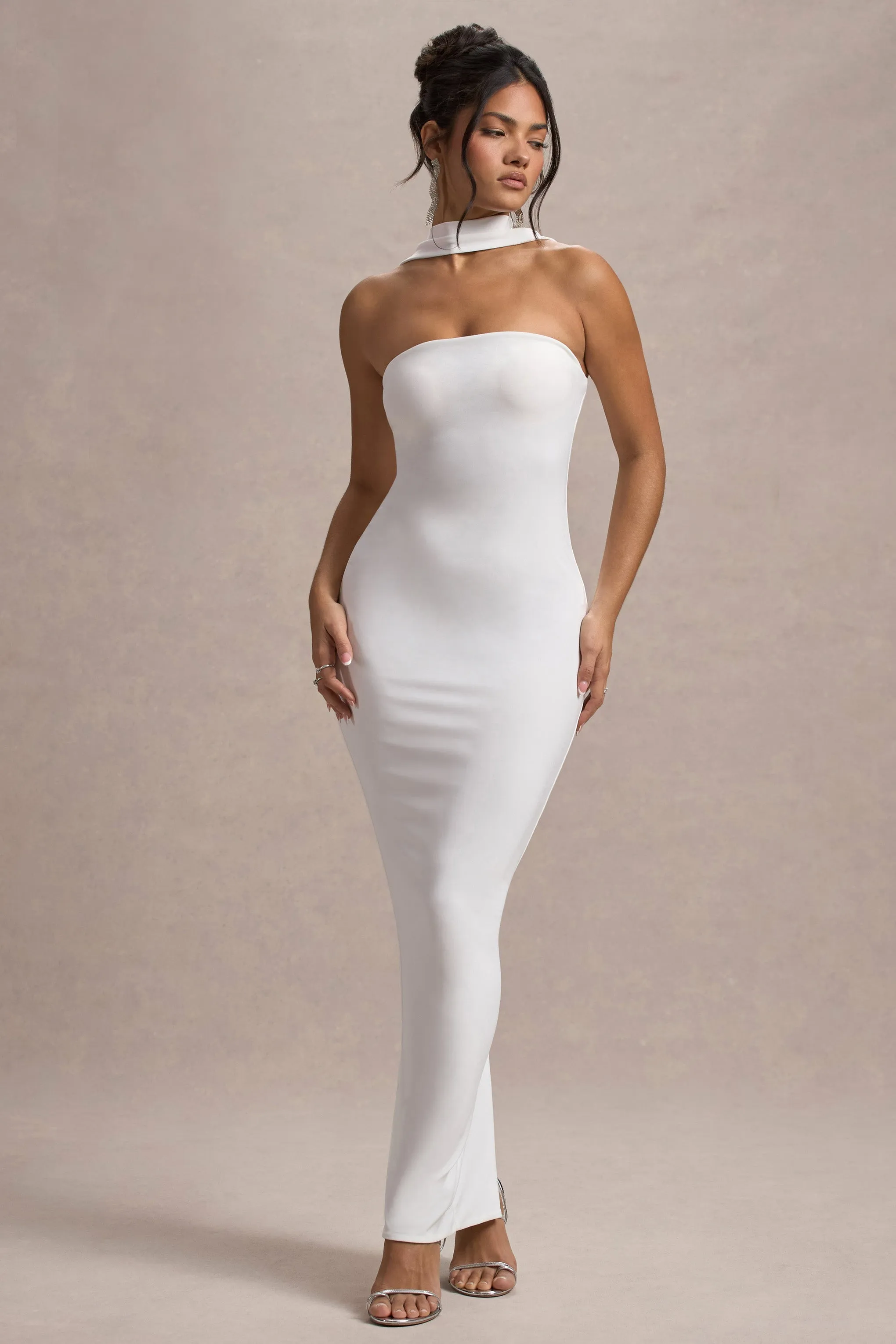 Nobu | White Bandeau Maxi Dress With Halter-Collar sold by Club L London
