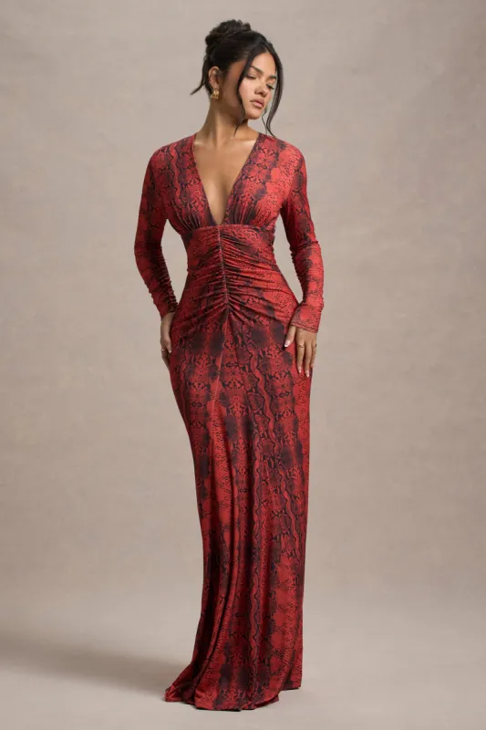 Mamba | Red Snake Print Plunge-Neck Long-Sleeve Maxi Dress sold by Club L London