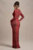 Mamba | Red Snake Print Plunge-Neck Long-Sleeve Maxi Dress sold by Club L London