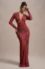 Mamba | Red Snake Print Plunge-Neck Long-Sleeve Maxi Dress sold by Club L London