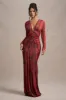 Mamba | Red Snake Print Plunge-Neck Long-Sleeve Maxi Dress sold by Club L London