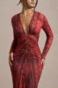 Mamba | Red Snake Print Plunge-Neck Long-Sleeve Maxi Dress sold by Club L London