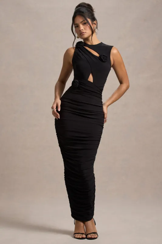 Audelia | Black Cut-Out Maxi Dress With Floral Corsages sold by Club L London