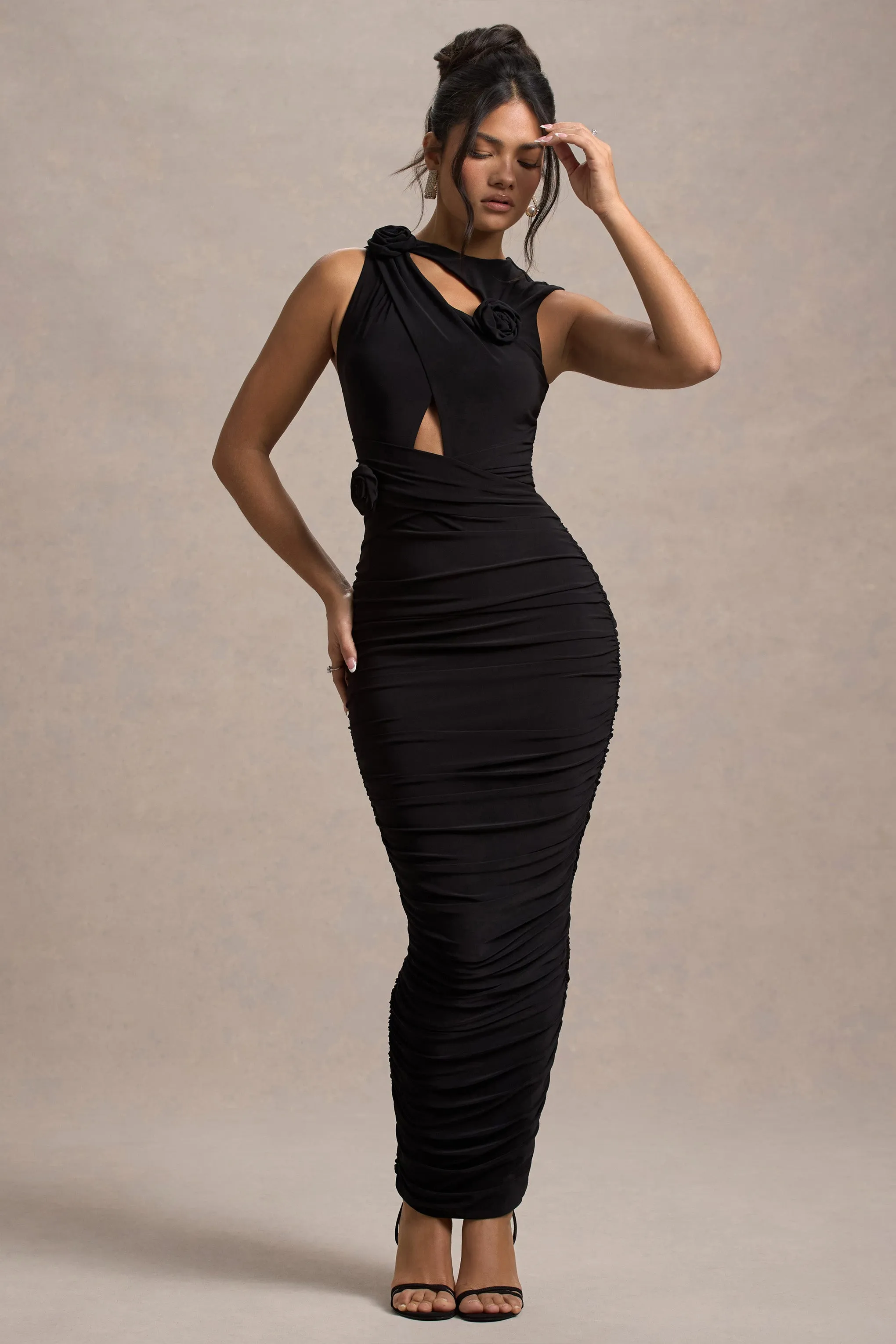 Audelia | Black Cut-Out Maxi Dress With Floral Corsages sold by Club L London product image thumbnail 5