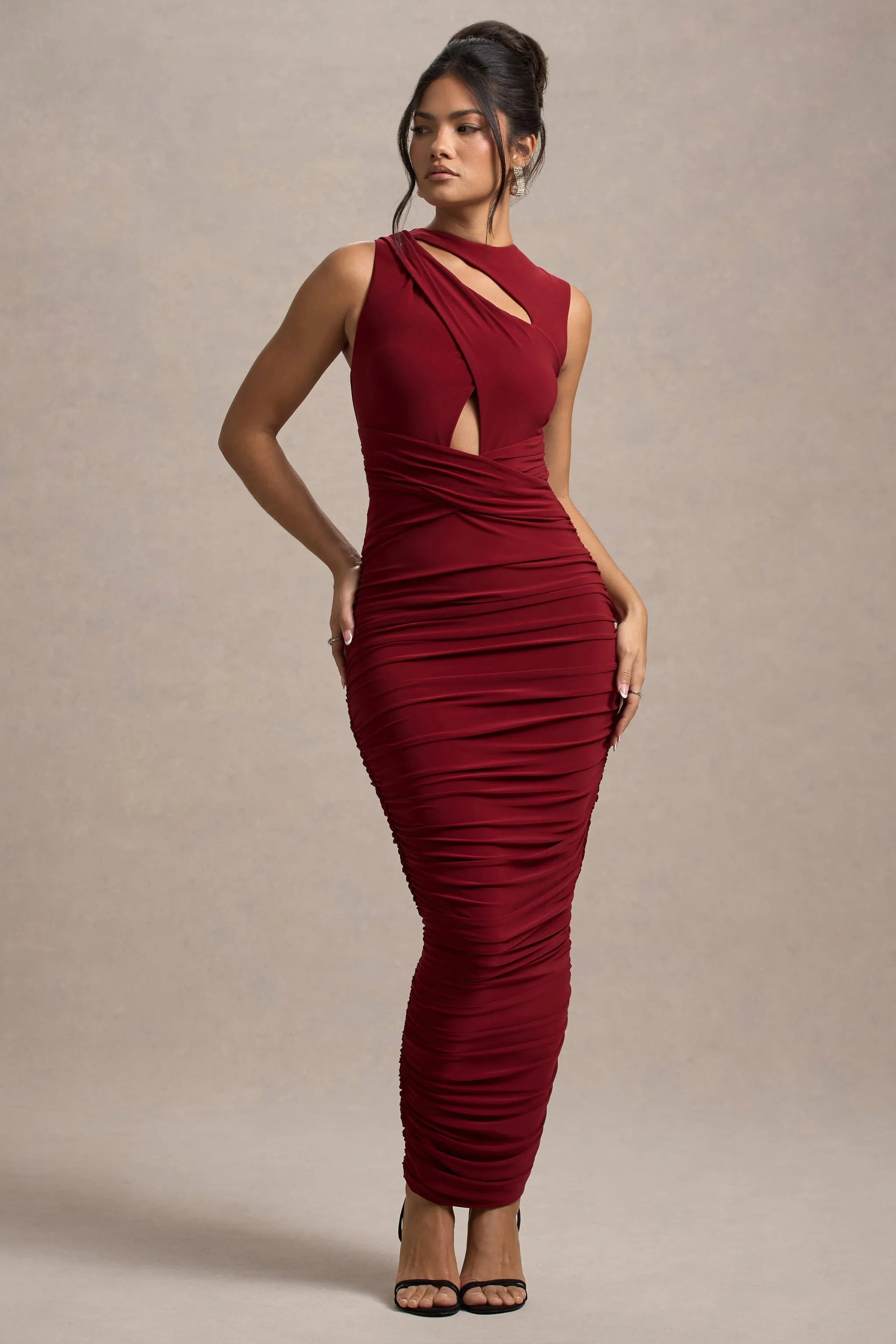 Aire | Wine Cut-Out Ruched Maxi Dress sold by Club L London product image thumbnail 4