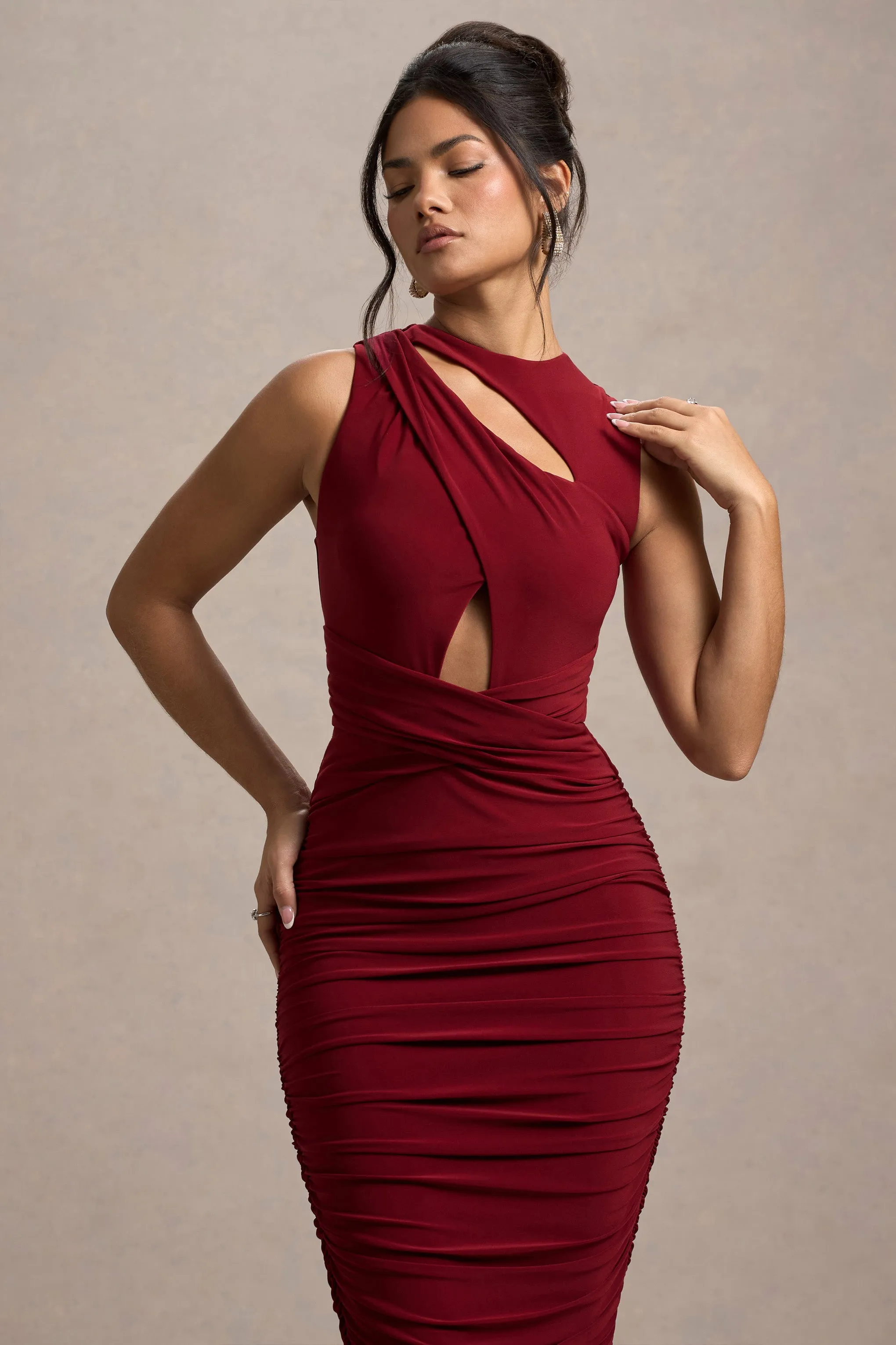 Aire | Wine Cut-Out Ruched Maxi Dress sold by Club L London product image thumbnail 3