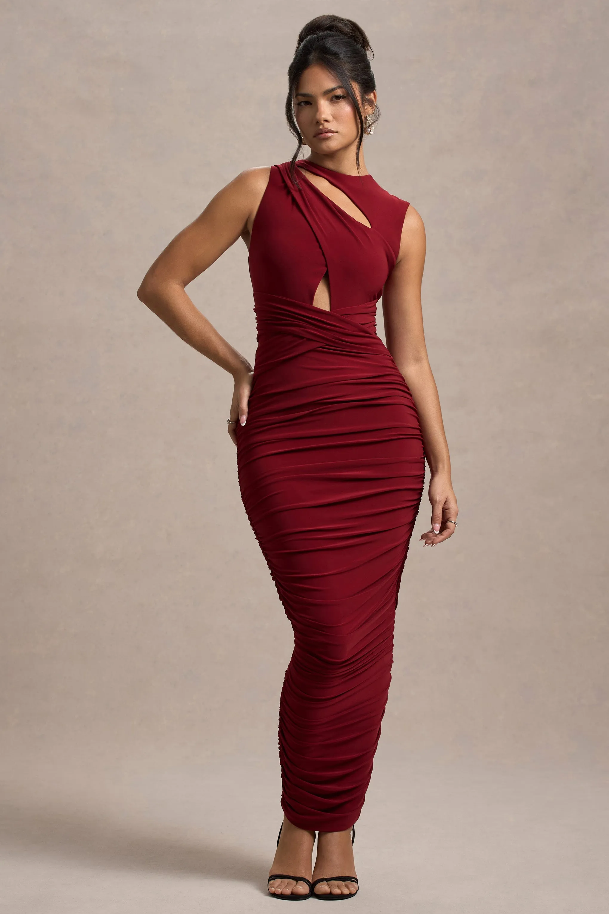 Aire | Wine Cut-Out Ruched Maxi Dress sold by Club L London