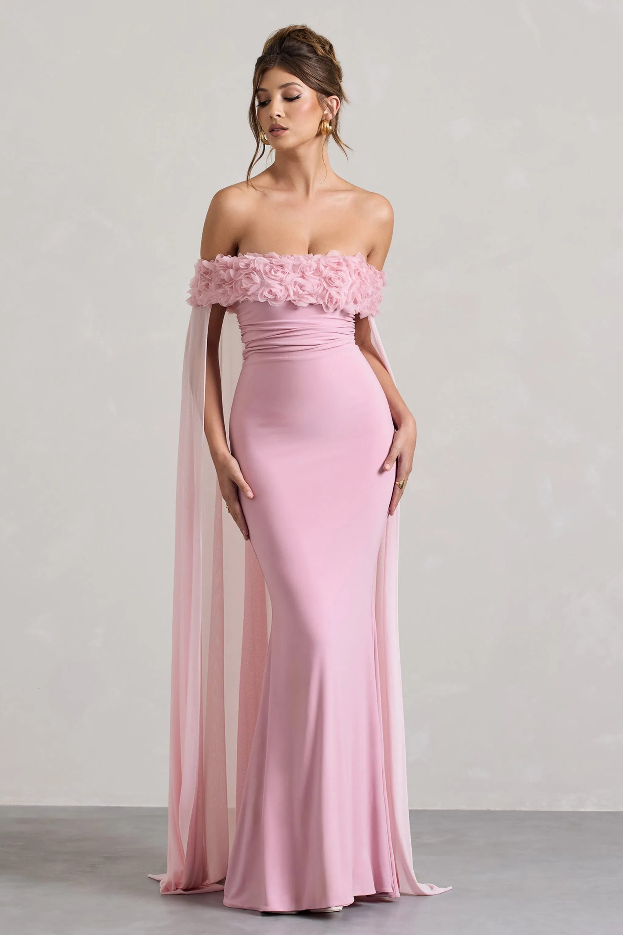 Avant Garde | Blush Pink Floral Bardot Fishtail Maxi Dress With Mesh Cape sold by Club L London product image thumbnail 5