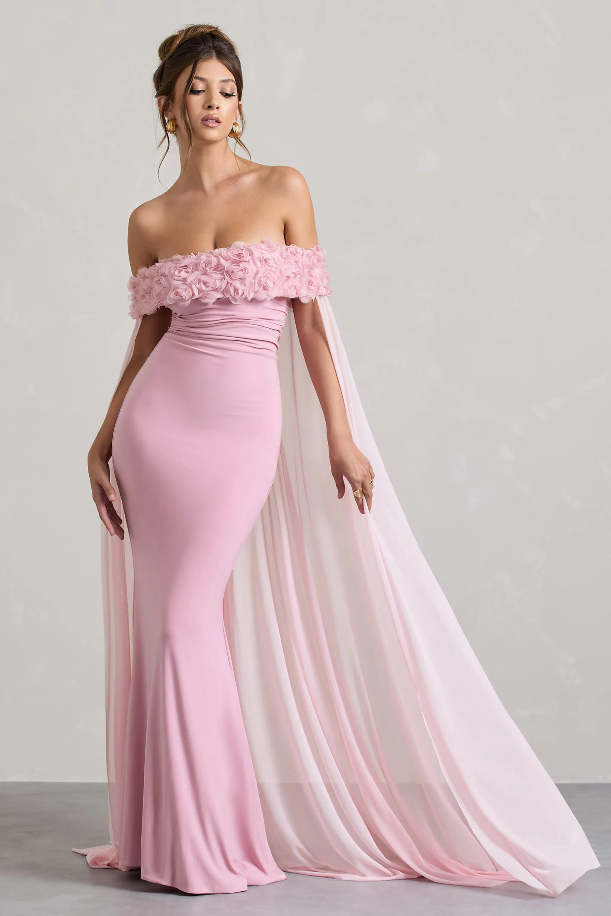 Avant Garde | Blush Pink Floral Bardot Fishtail Maxi Dress With Mesh Cape sold by Club L London