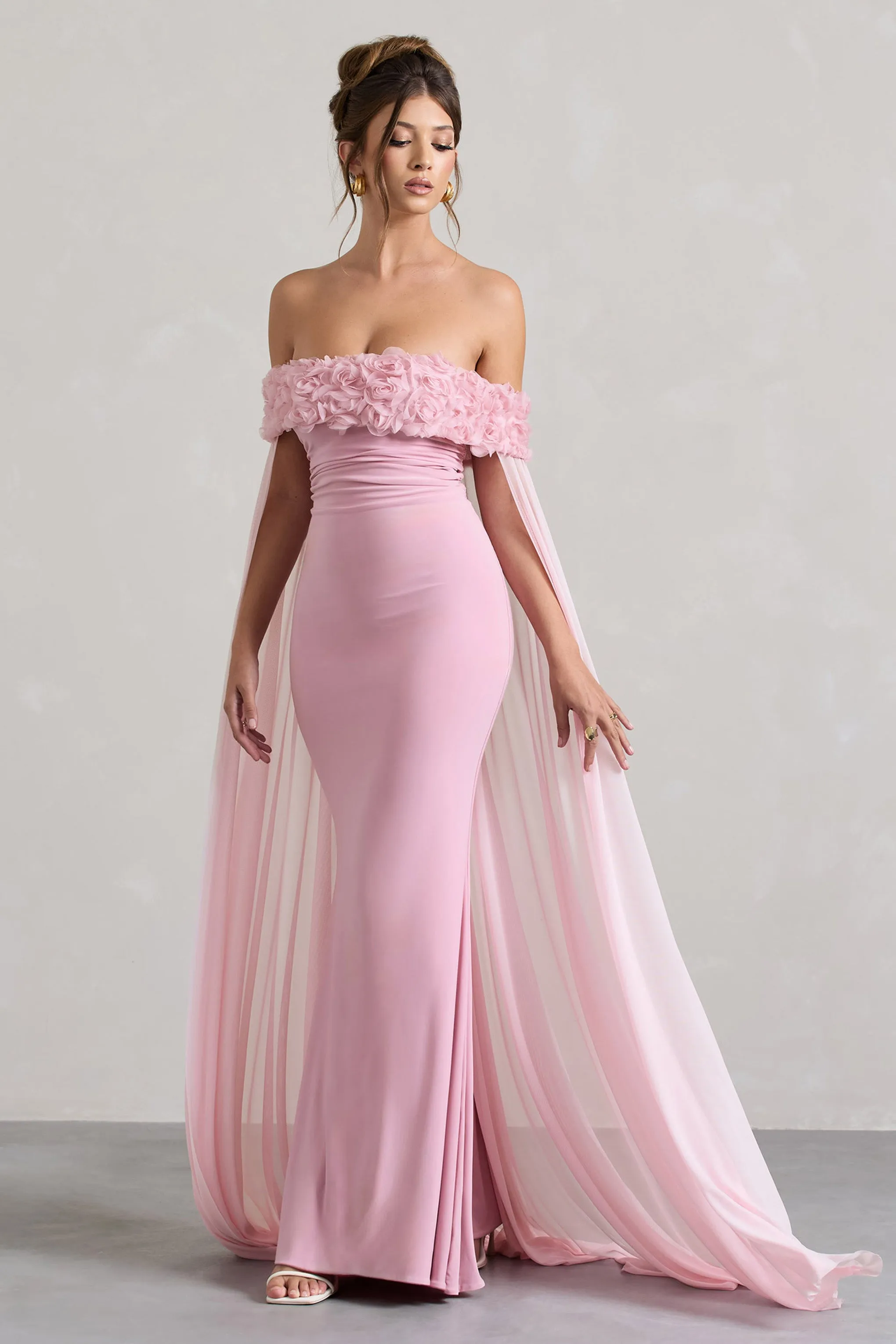 Avant Garde | Blush Pink Floral Bardot Fishtail Maxi Dress With Mesh Cape sold by Club L London product image thumbnail 4