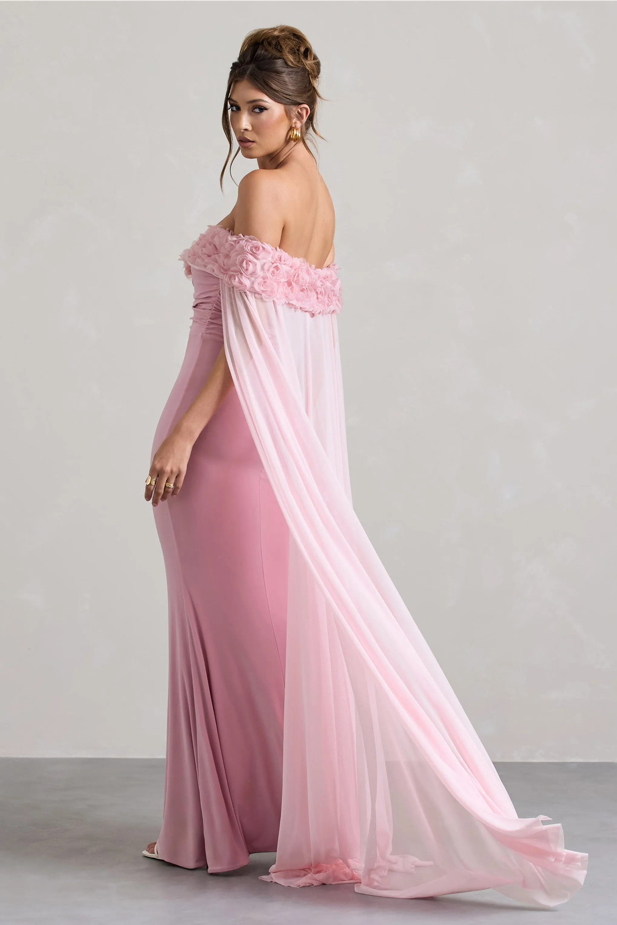 Avant Garde | Blush Pink Floral Bardot Fishtail Maxi Dress With Mesh Cape sold by Club L London product image thumbnail 2
