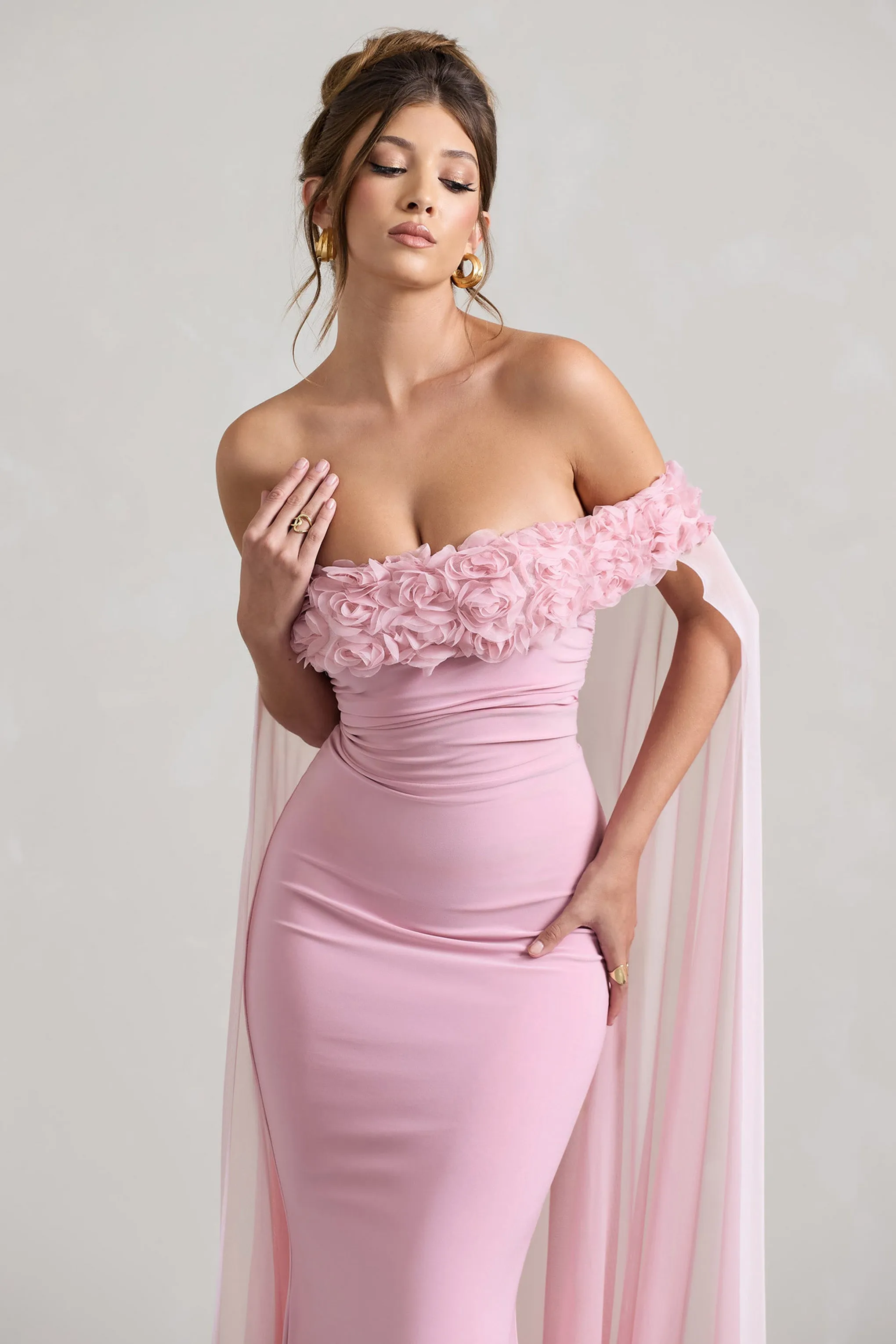 Avant Garde | Blush Pink Floral Bardot Fishtail Maxi Dress With Mesh Cape sold by Club L London product image thumbnail 3