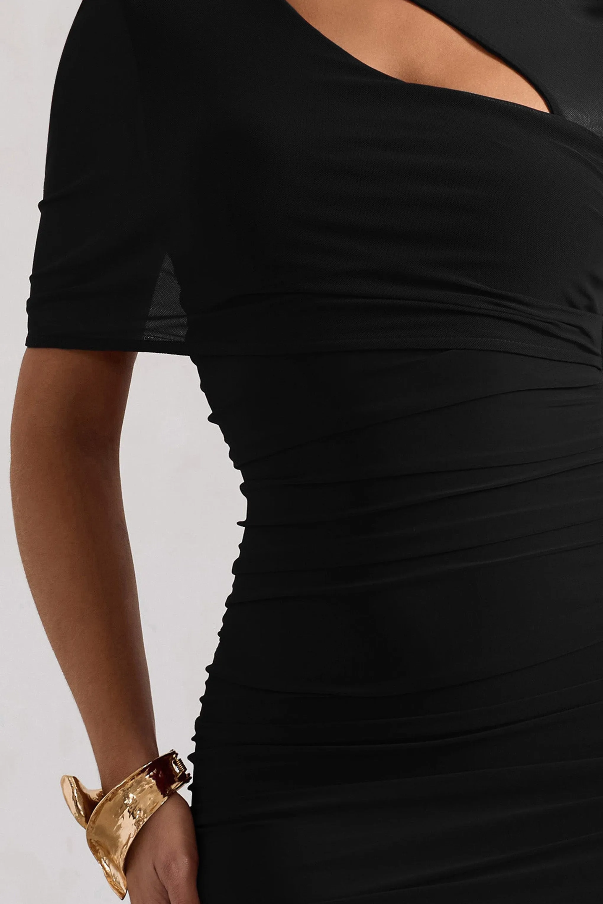 Himalaya | Black Ruched Mini Dress With Mesh Overlay sold by Club L London product image thumbnail 4