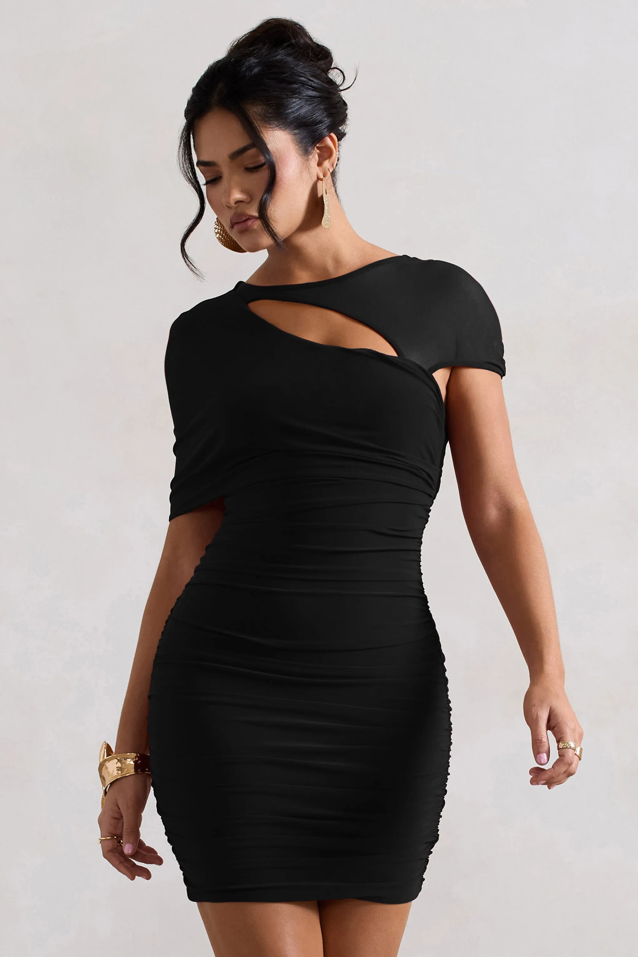 Himalaya | Black Ruched Mini Dress With Mesh Overlay sold by Club L London product image thumbnail 5